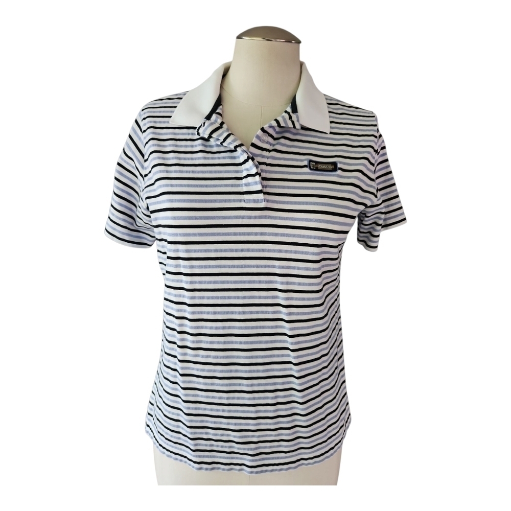 Katie Lord Bucks Barn Striped Polo Shirt M White Navy 100% Cotton
